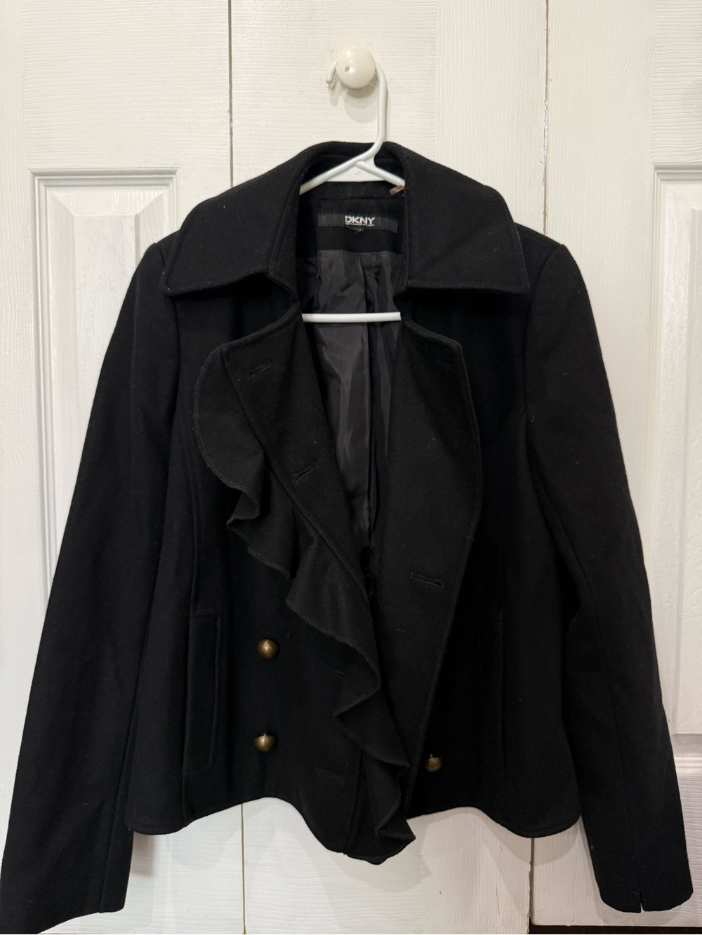 DKNY Black Ruffle-Front Wool Peacoat